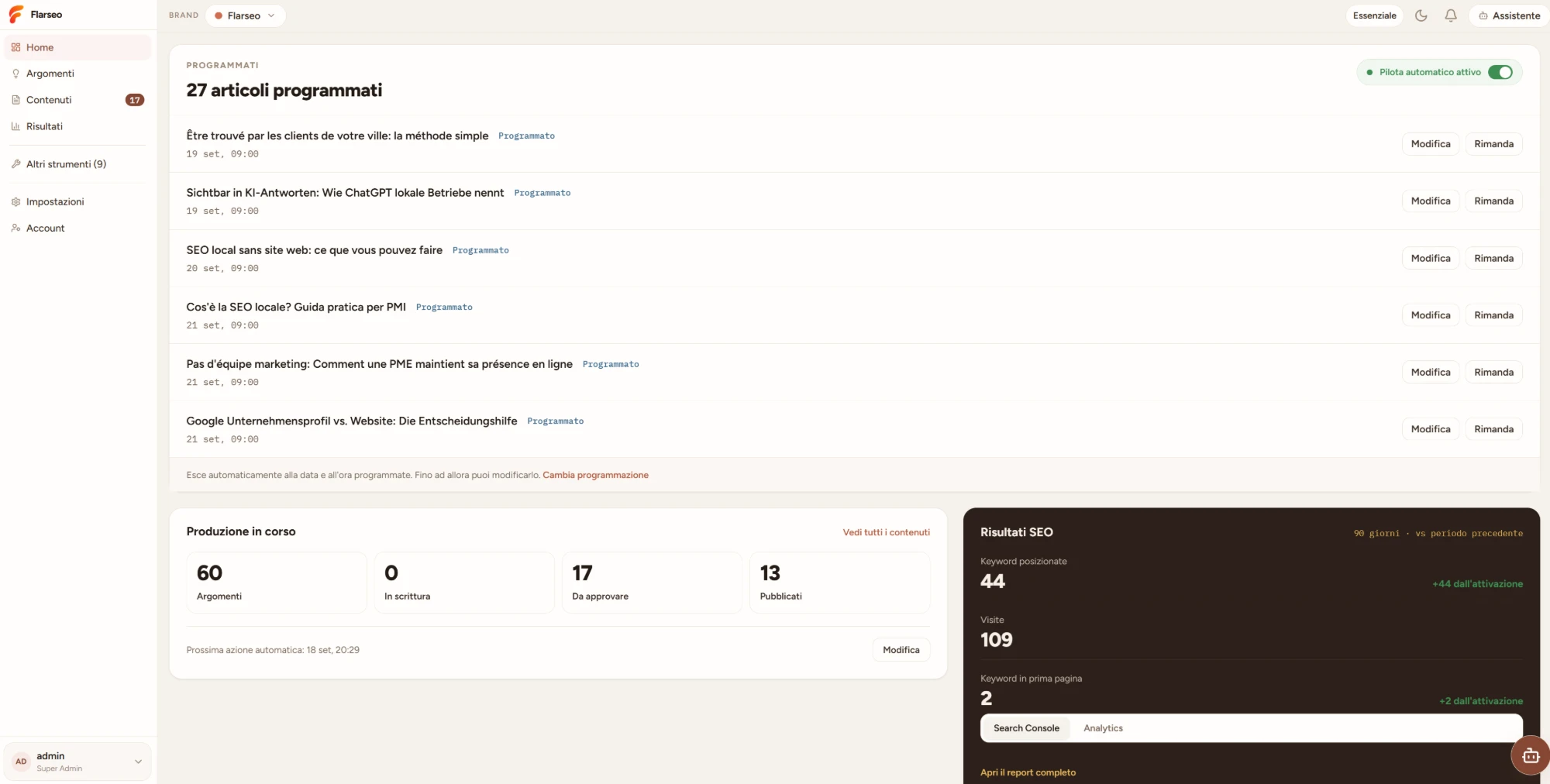 La dashboard di Flarseo con articoli programmati, produzione, risultati SEO e la Home nel menu laterale